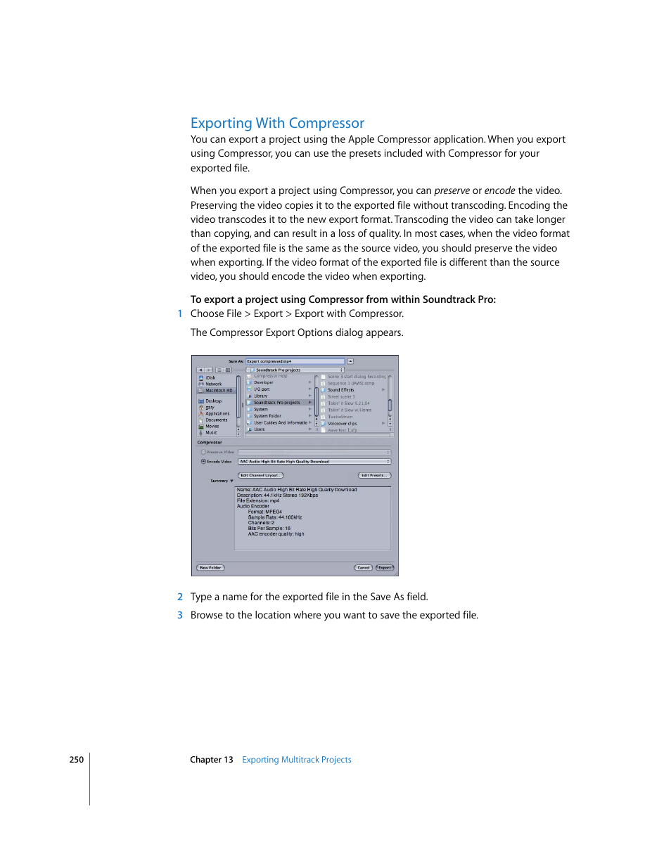 Exporting with compressor | Apple Soundtrack Pro User Manual | Page 250 / 311