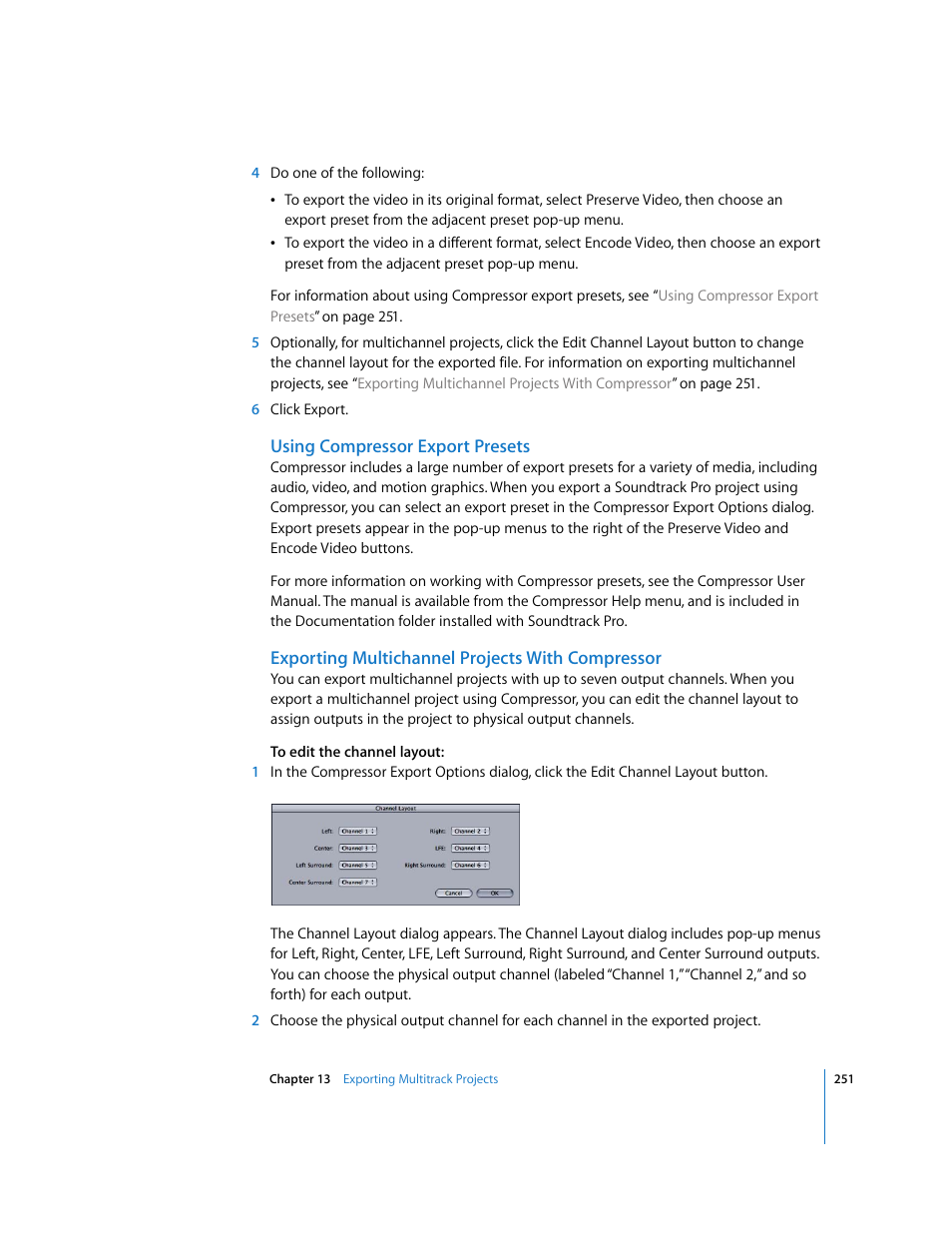 Using compressor export presets, Exporting multichannel projects with compressor | Apple Soundtrack Pro User Manual | Page 251 / 311