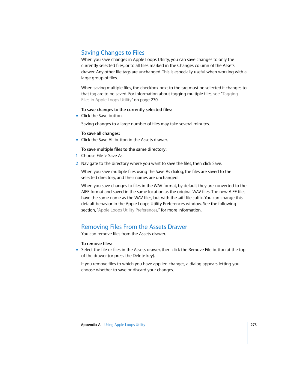 Saving changes to files, Removing files from the assets drawer | Apple Soundtrack Pro User Manual | Page 273 / 311