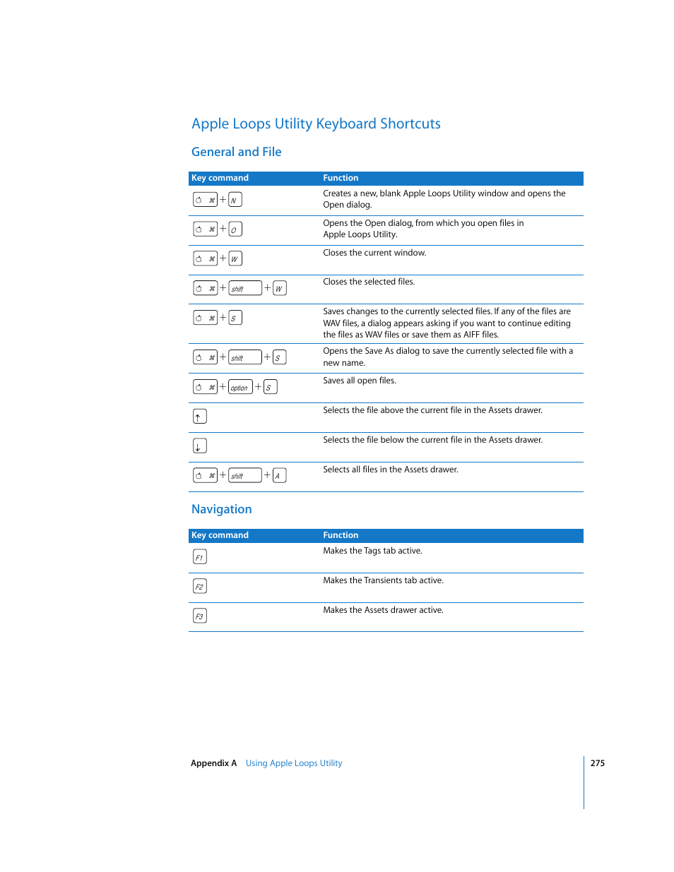 Apple loops utility keyboard shortcuts, General and file, Navigation | General and file navigation | Apple Soundtrack Pro User Manual | Page 275 / 311