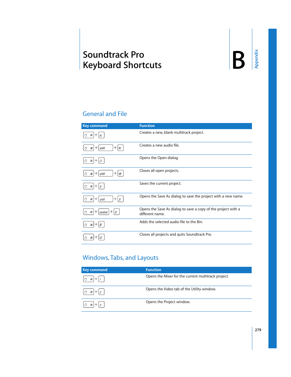 Soundtrack pro keyboard shortcuts, General and file, Windows, tabs, and layouts | Appendix b, General and file windows, tabs, and layouts | Apple Soundtrack Pro User Manual | Page 279 / 311