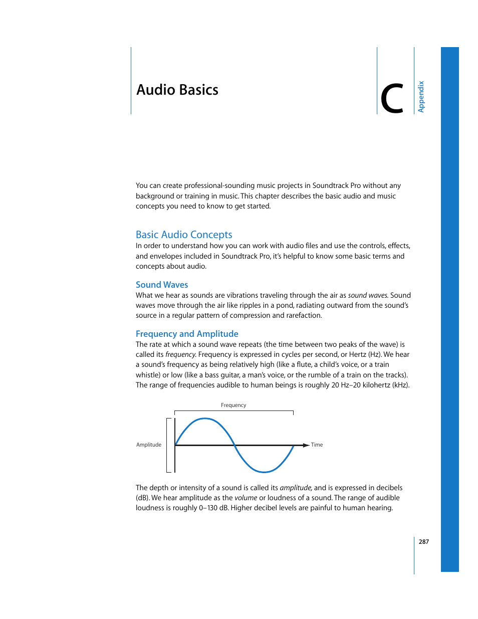 Audio basics, Basic audio concepts, Sound waves | Frequency and amplitude, Appendix c | Apple Soundtrack Pro User Manual | Page 287 / 311