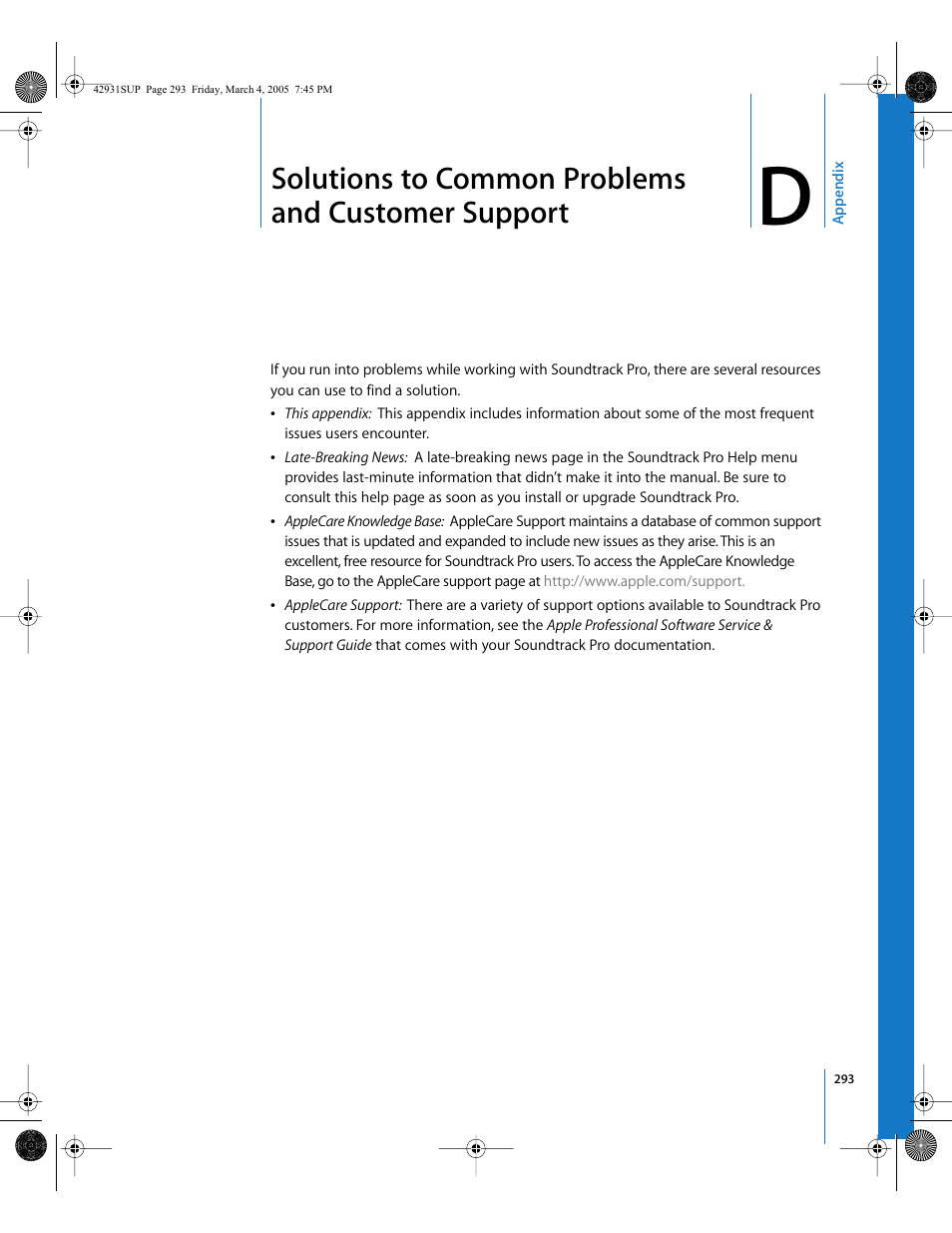 Solutions to common problems and customer support, Appendix d | Apple Soundtrack Pro User Manual | Page 293 / 311