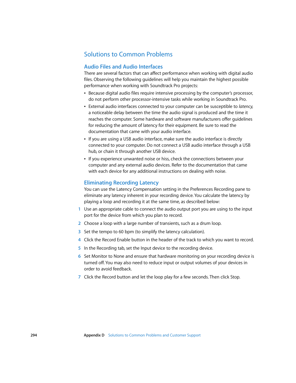 Solutions to common problems, Audio files and audio interfaces, Eliminating recording latency | Apple Soundtrack Pro User Manual | Page 294 / 311