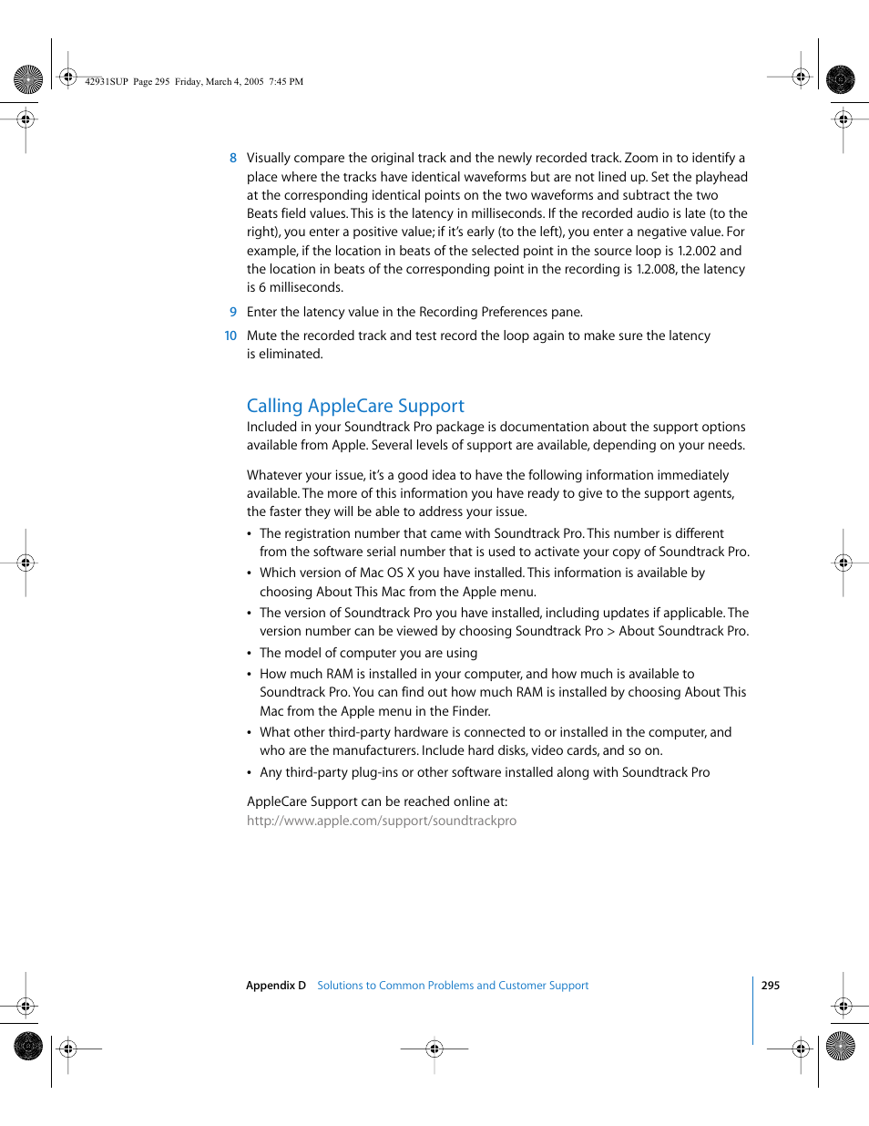 Calling applecare support | Apple Soundtrack Pro User Manual | Page 295 / 311