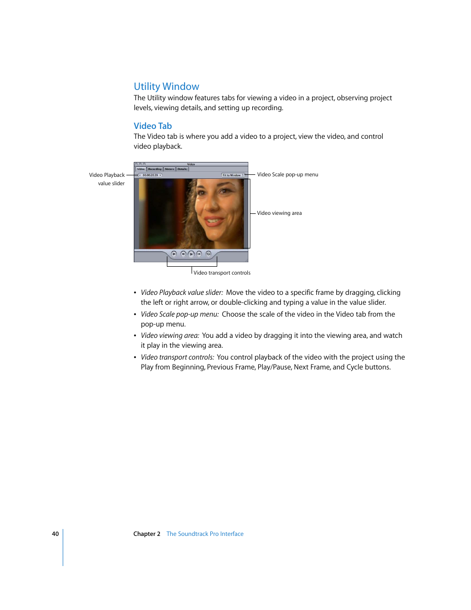 Utility window, Video tab | Apple Soundtrack Pro User Manual | Page 40 / 311