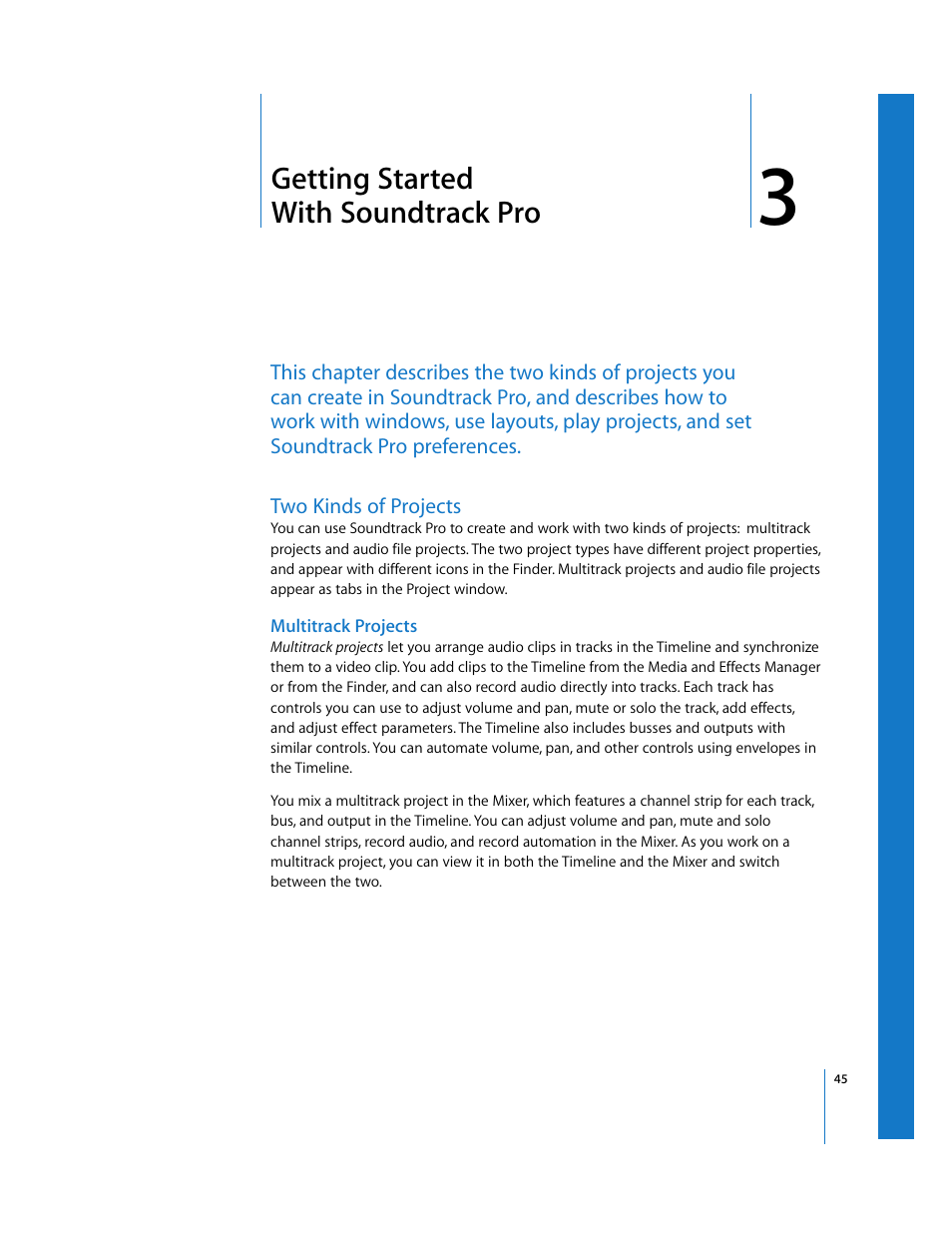 Getting started with soundtrack pro, Two kinds of projects, Multitrack projects | Chapter 3, O chapter 3 | Apple Soundtrack Pro User Manual | Page 45 / 311