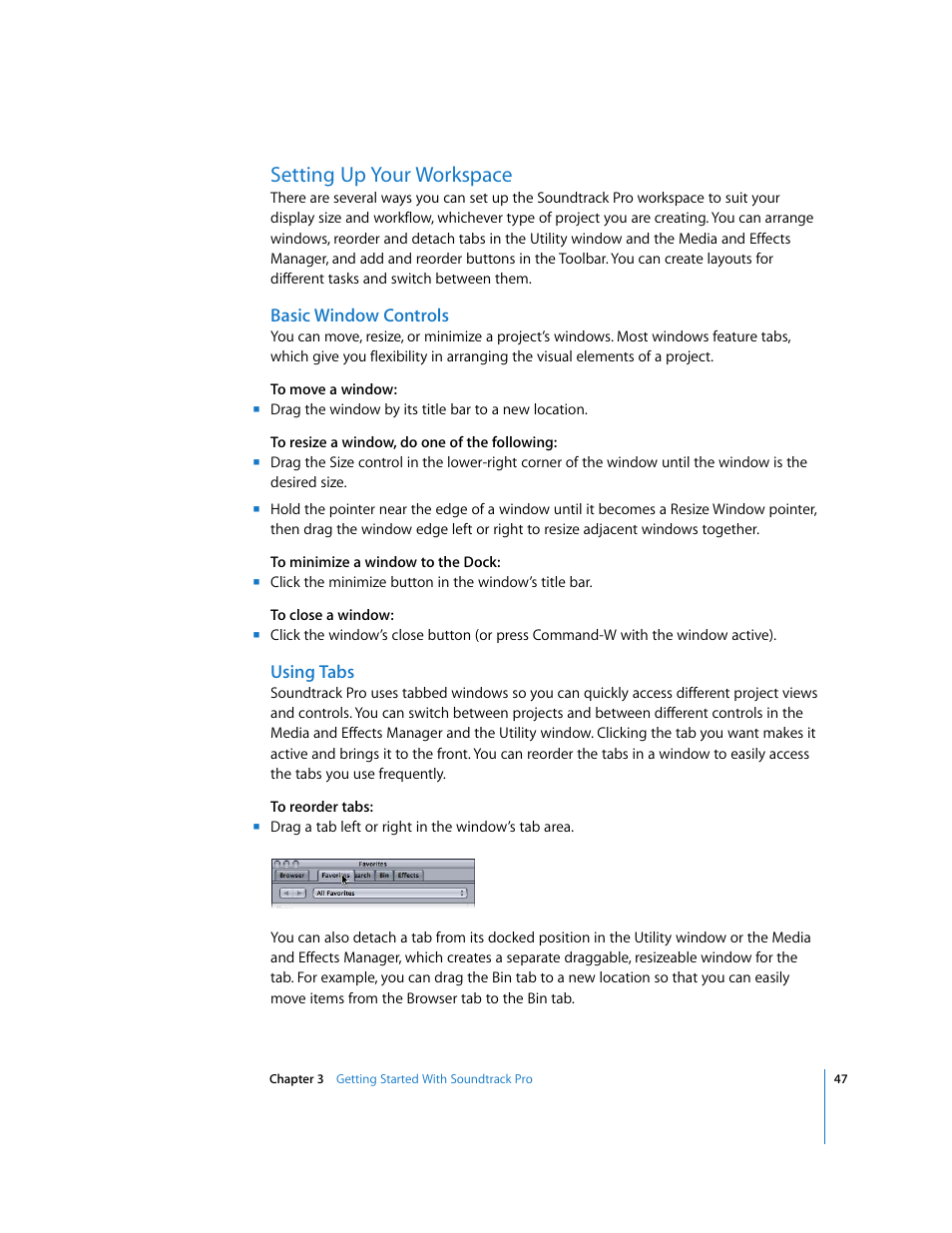 Setting up your workspace, Basic window controls, Using tabs | Apple Soundtrack Pro User Manual | Page 47 / 311