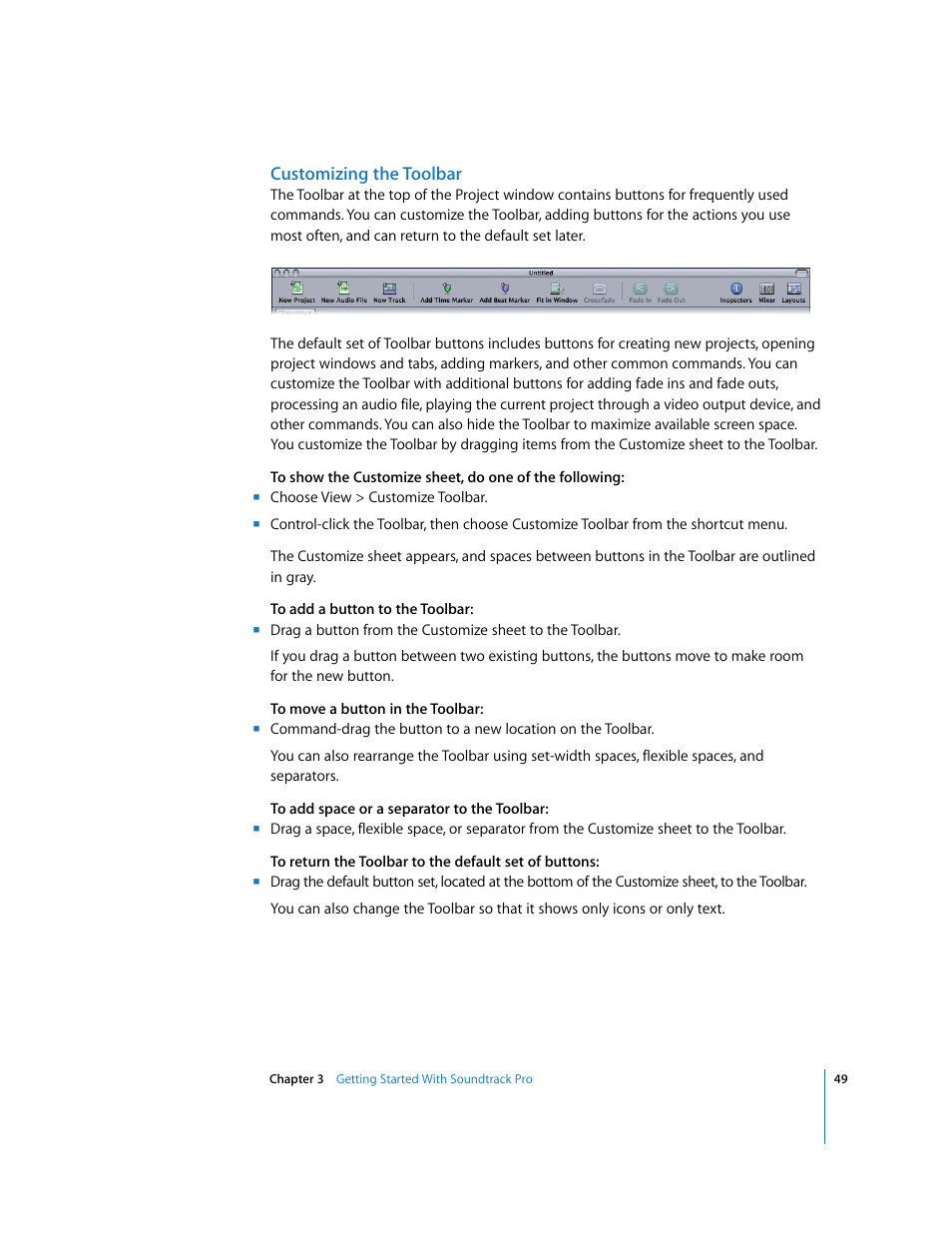 Customizing the toolbar | Apple Soundtrack Pro User Manual | Page 49 / 311