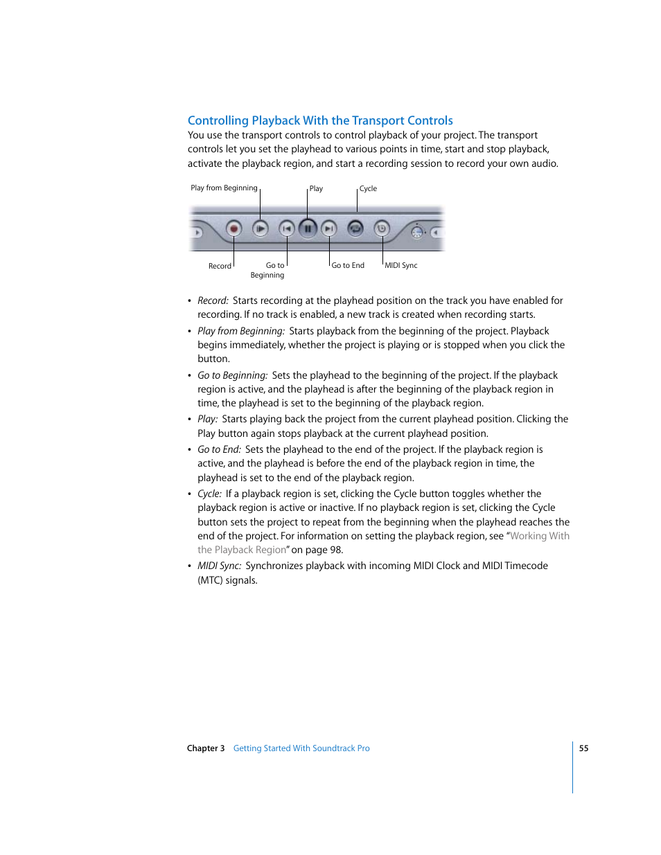 Controlling playback with the transport controls, Controlling playback with the, Transport controls | Apple Soundtrack Pro User Manual | Page 55 / 311