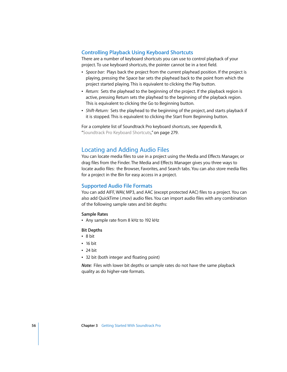 Controlling playback using keyboard shortcuts, Locating and adding audio files, Supported audio file formats | Apple Soundtrack Pro User Manual | Page 56 / 311