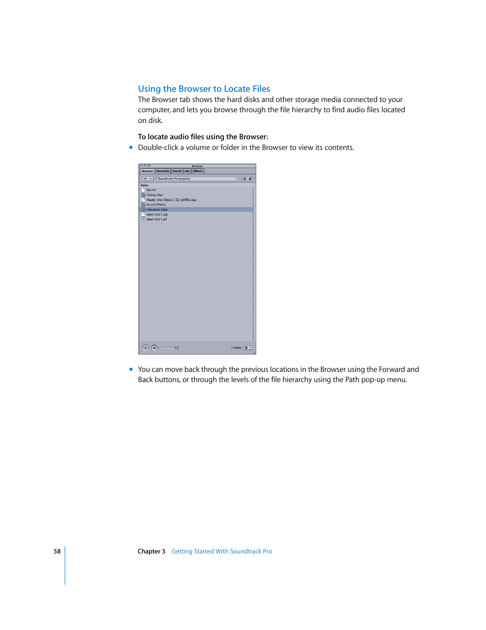 Using the browser to locate files | Apple Soundtrack Pro User Manual | Page 58 / 311