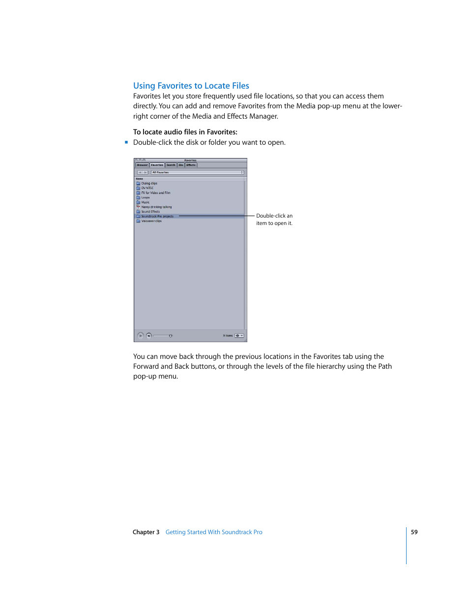 Using favorites to locate files | Apple Soundtrack Pro User Manual | Page 59 / 311