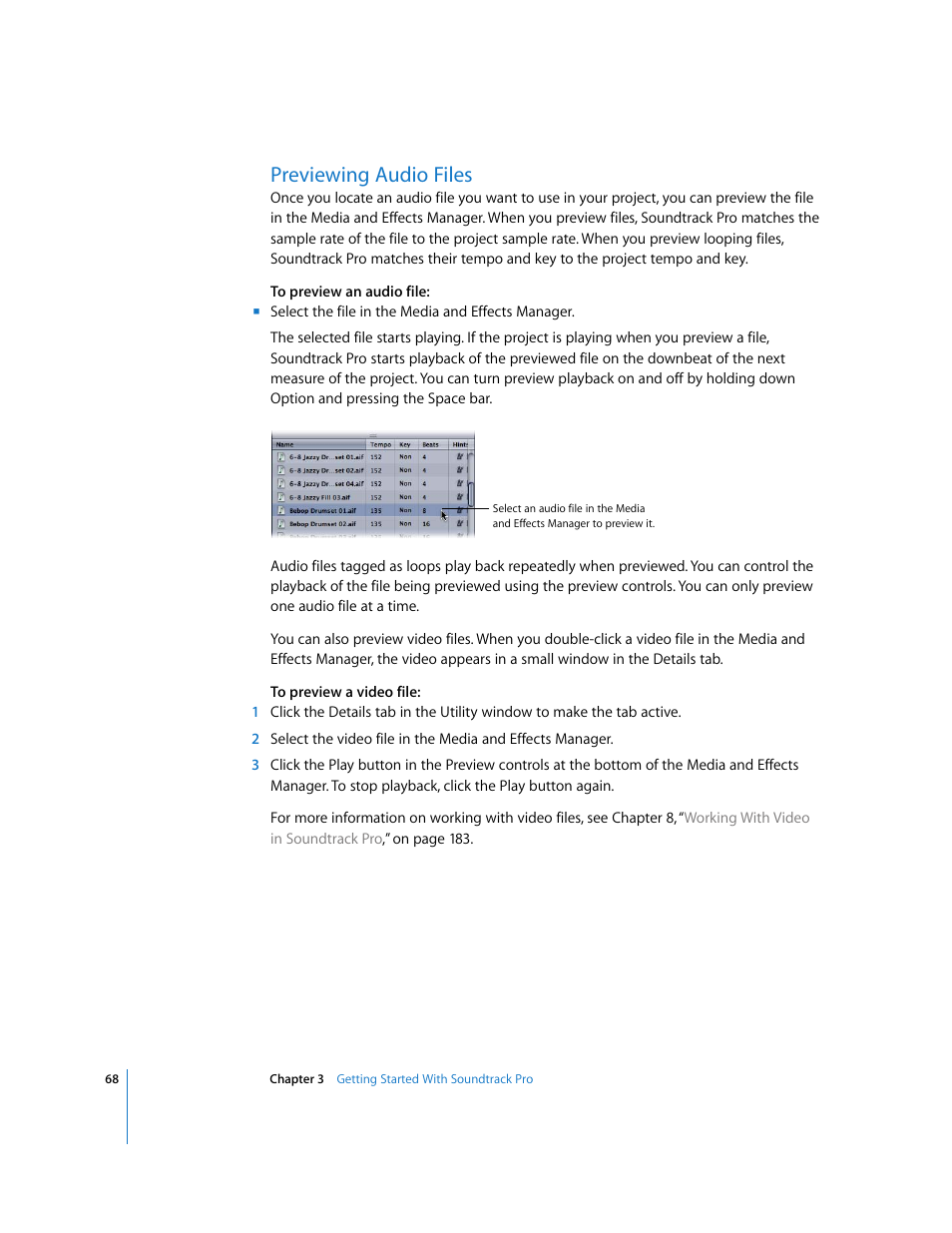 Previewing audio files | Apple Soundtrack Pro User Manual | Page 68 / 311