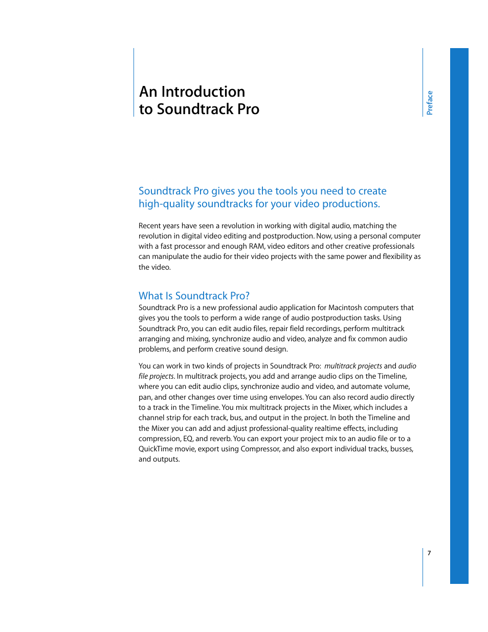 An introduction to soundtrack pro, What is soundtrack pro, Preface | Apple Soundtrack Pro User Manual | Page 7 / 311