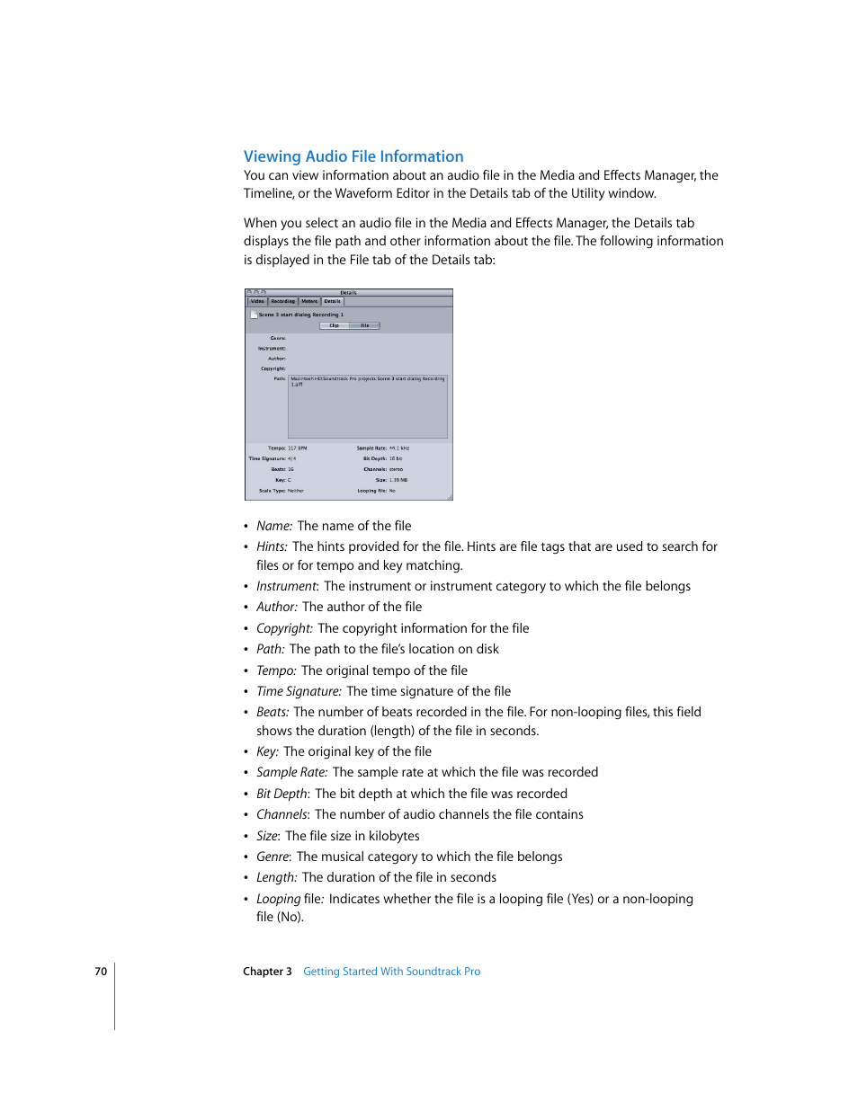 Viewing audio file information | Apple Soundtrack Pro User Manual | Page 70 / 311