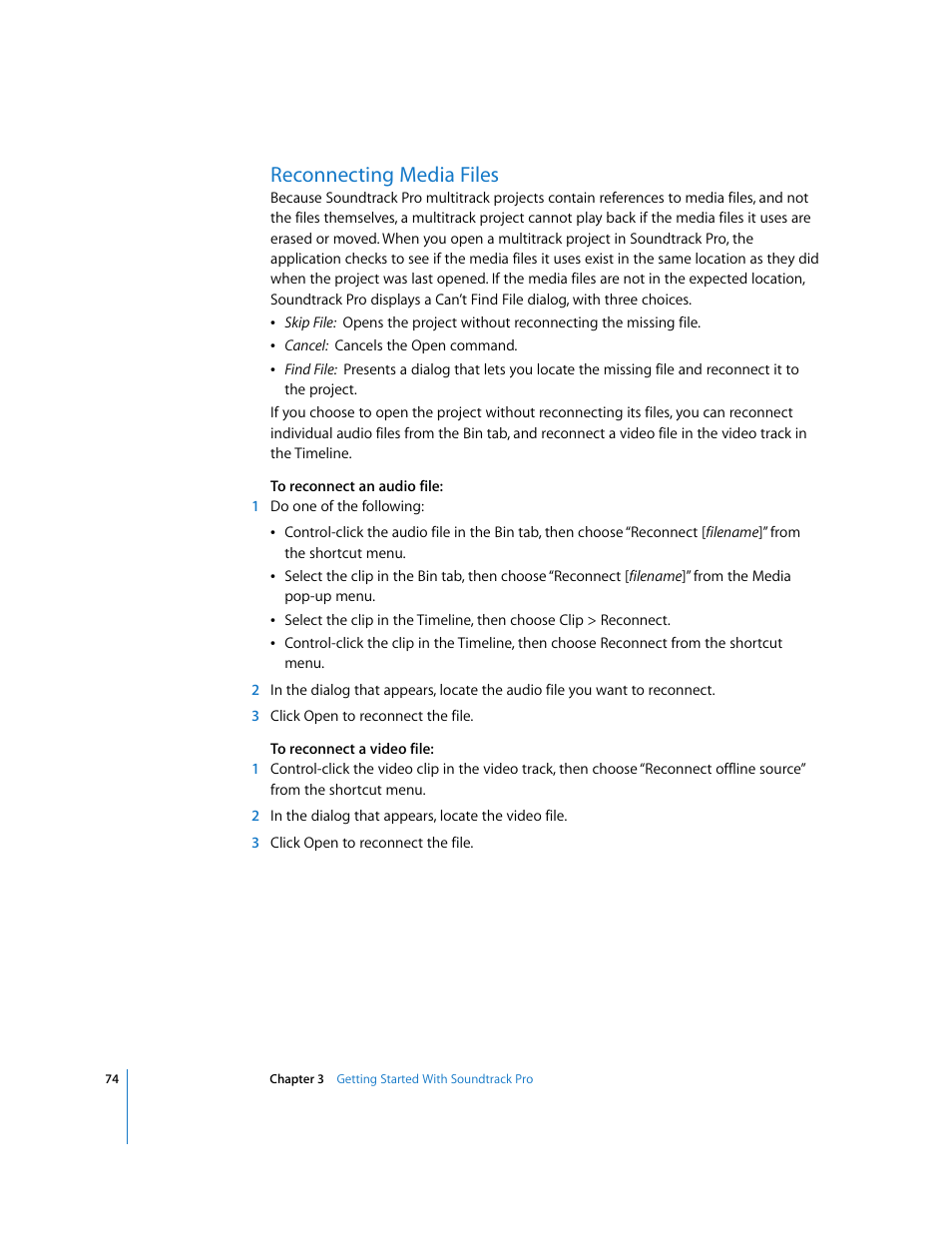 Reconnecting media files | Apple Soundtrack Pro User Manual | Page 74 / 311