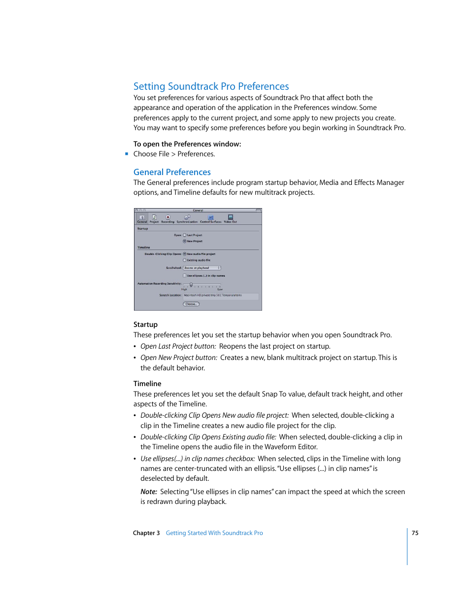 Setting soundtrack pro preferences, General preferences | Apple Soundtrack Pro User Manual | Page 75 / 311