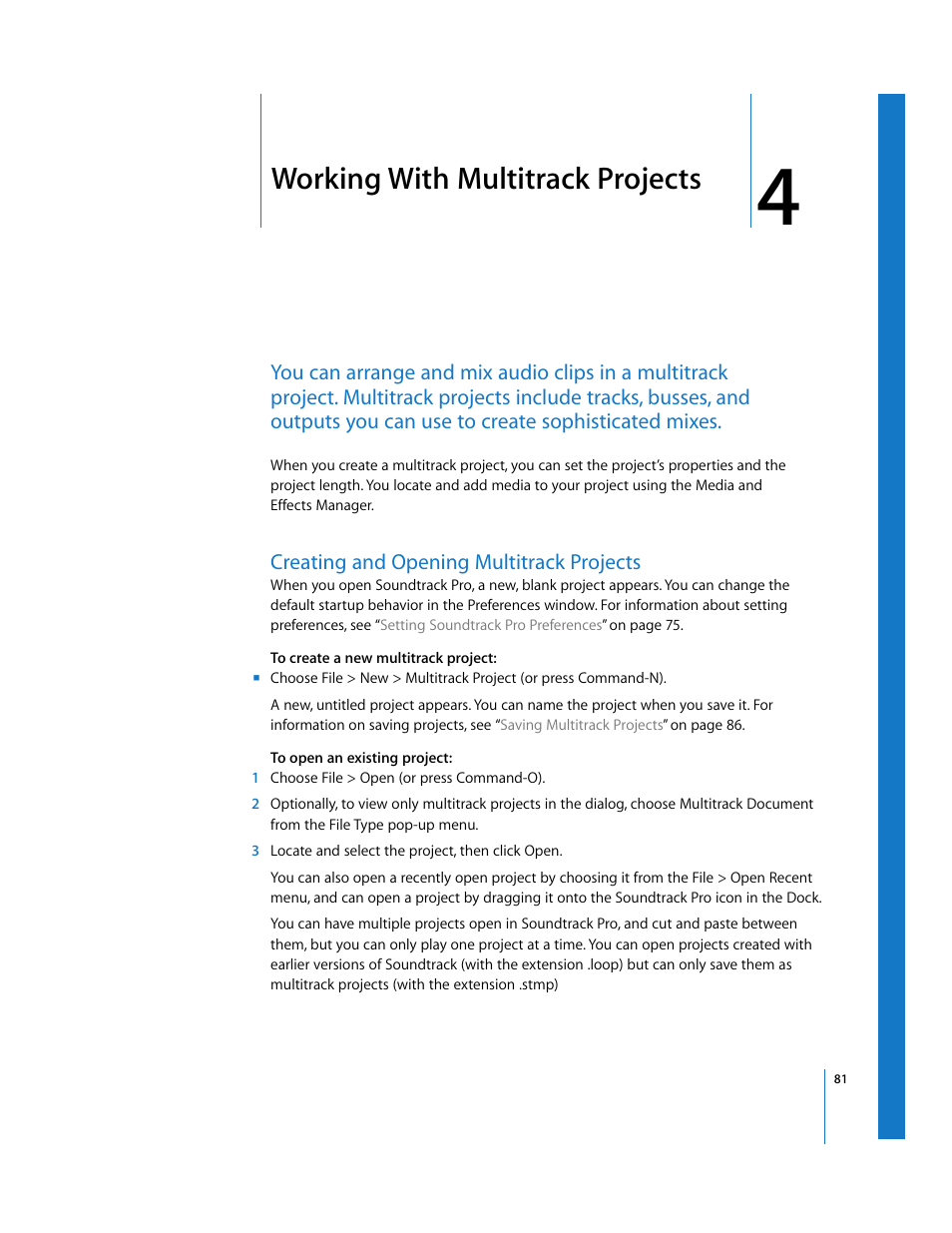 Working with multitrack projects, Creating and opening multitrack projects, Chapter 4 | Apple Soundtrack Pro User Manual | Page 81 / 311