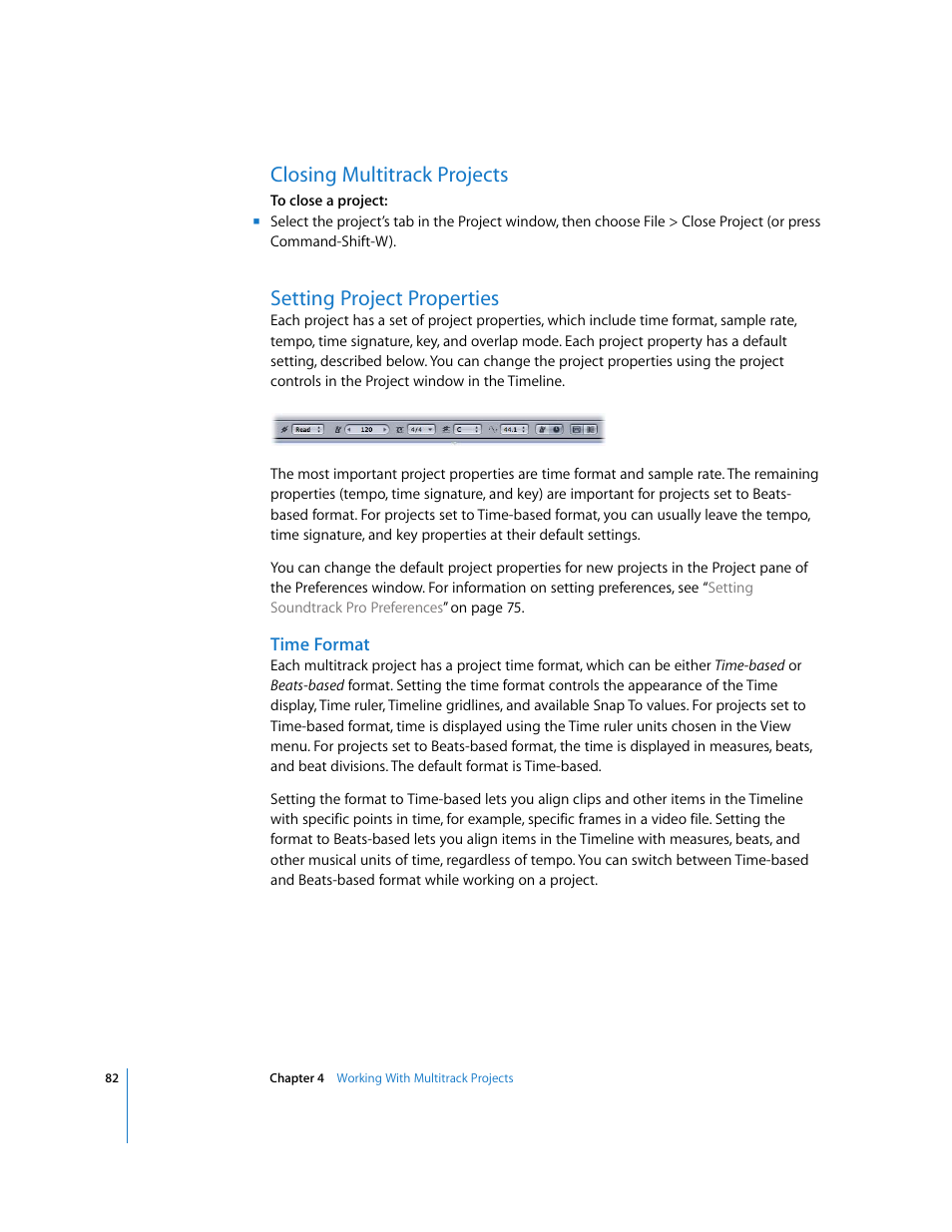 Closing multitrack projects, Setting project properties, Time format | Apple Soundtrack Pro User Manual | Page 82 / 311
