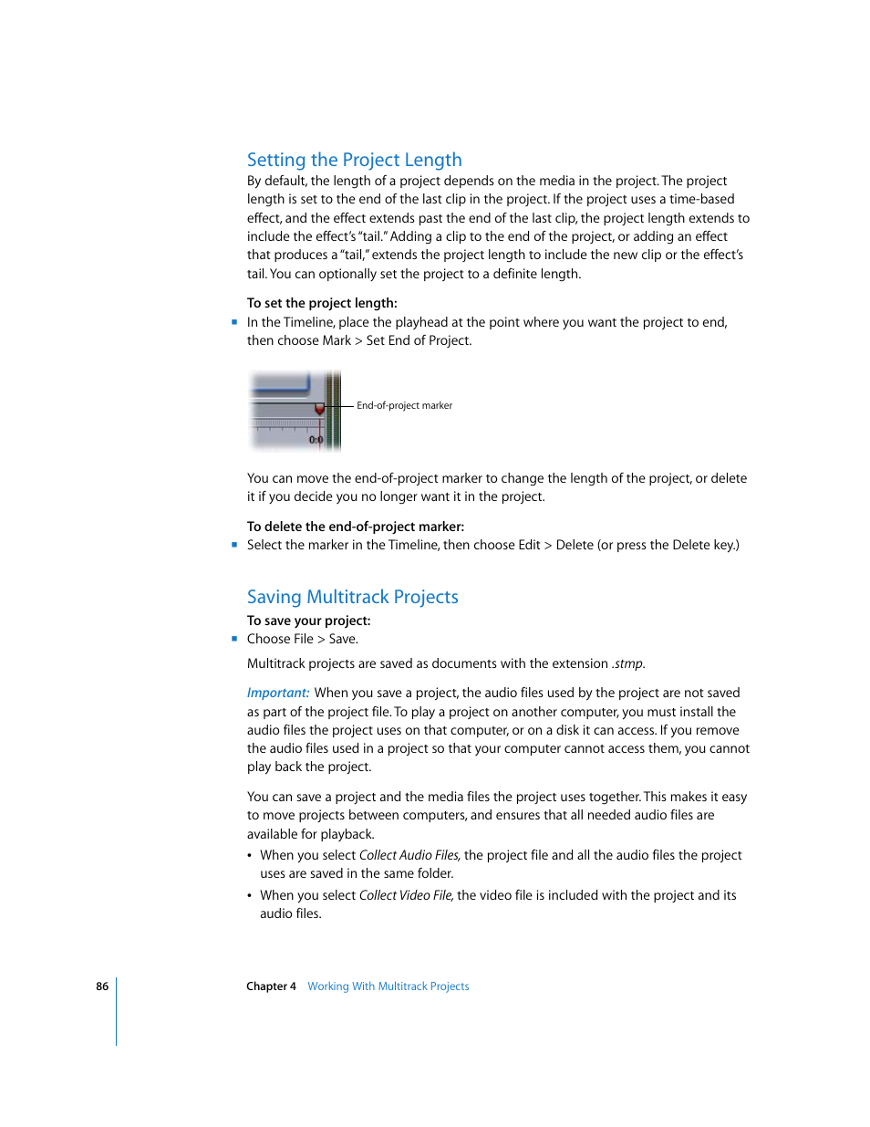 Setting the project length, Saving multitrack projects | Apple Soundtrack Pro User Manual | Page 86 / 311