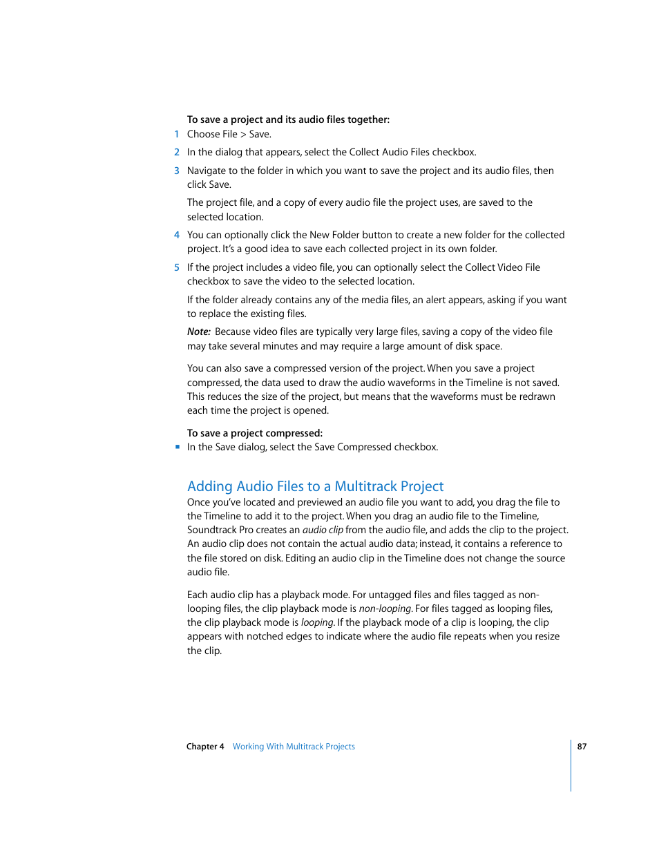 Adding audio files to a multitrack project | Apple Soundtrack Pro User Manual | Page 87 / 311