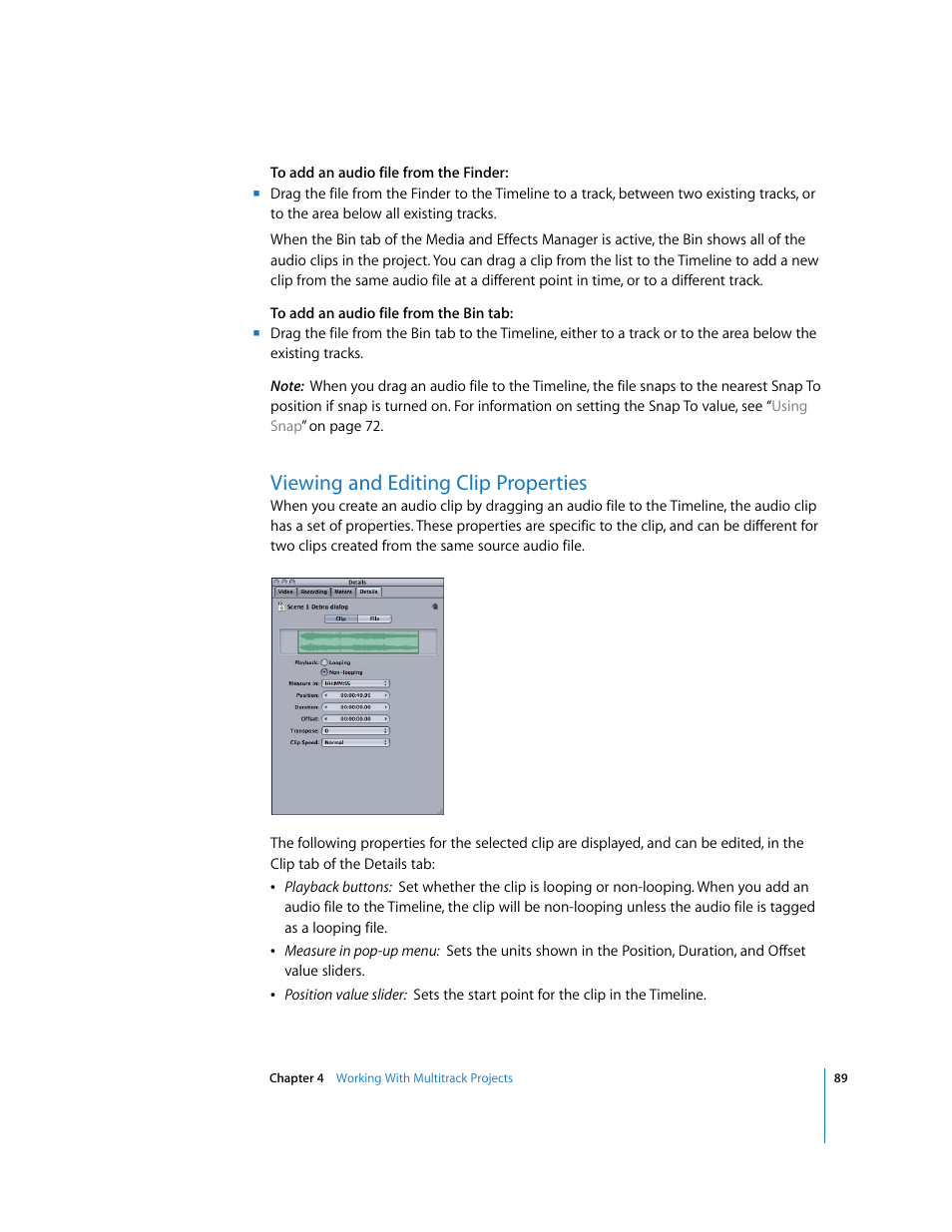 Viewing and editing clip properties | Apple Soundtrack Pro User Manual | Page 89 / 311