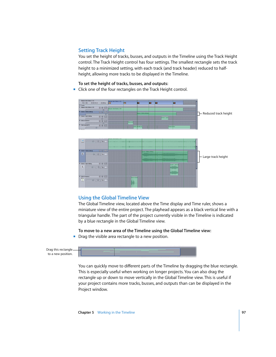 Setting track height, Using the global timeline view | Apple Soundtrack Pro User Manual | Page 97 / 311