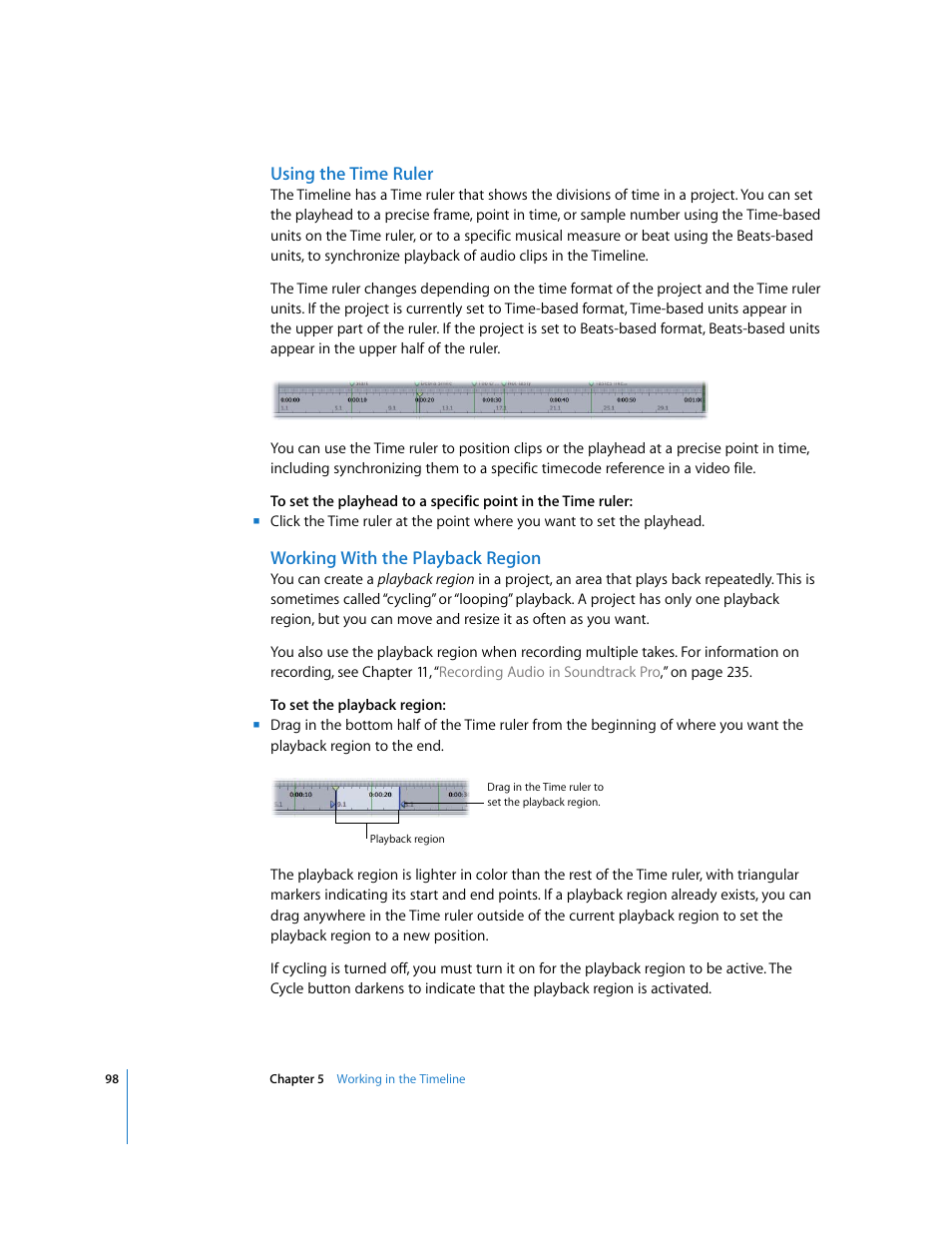 Using the time ruler, Working with the playback region, Working with | The playback region | Apple Soundtrack Pro User Manual | Page 98 / 311