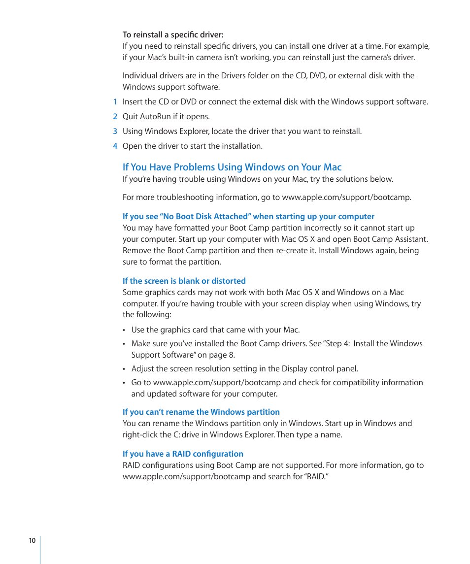 If you have problems using windows on your mac, If the screen is blank or distorted, If you can’t rename the windows partition | If you have a raid configuration | Apple Boot Camp (OS X Lion) User Manual | Page 10 / 13