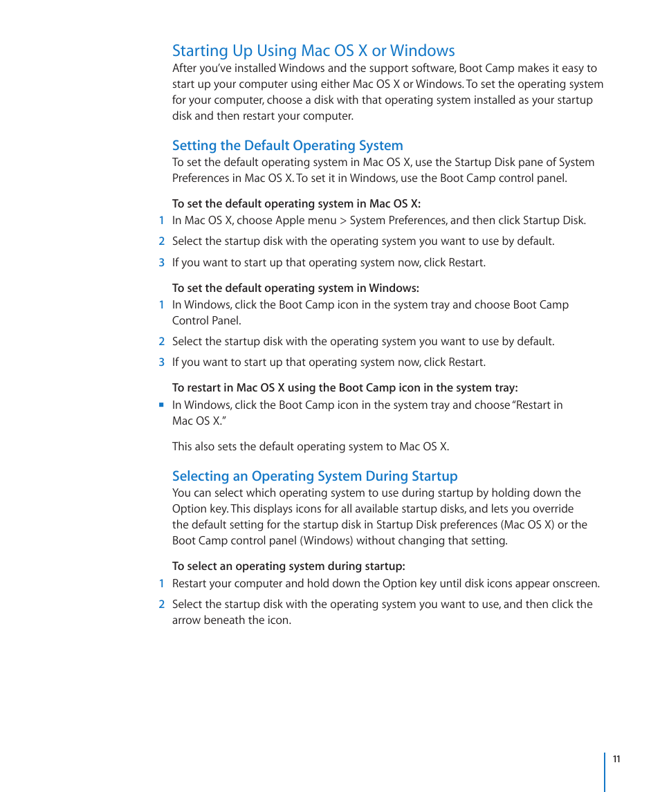 Starting up using mac os x or windows, Setting the default operating system, Selecting an operating system during startup | Apple Boot Camp (OS X Lion) User Manual | Page 11 / 13