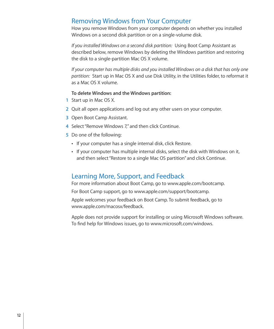 Removing windows from your computer, Learning more, support, and feedback | Apple Boot Camp (OS X Lion) User Manual | Page 12 / 13
