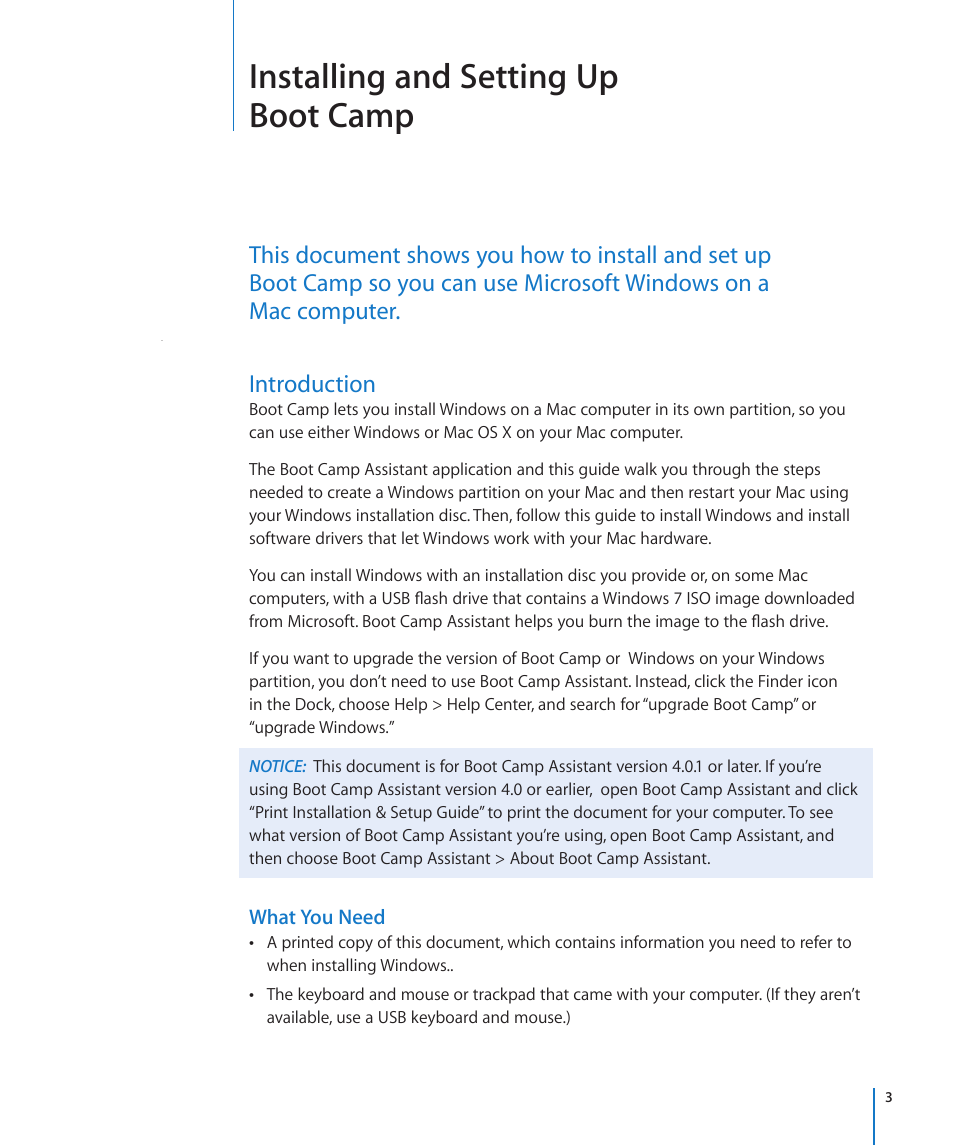 Introduction, What you need, Installing and setting up boot camp | Apple Boot Camp (OS X Lion) User Manual | Page 3 / 13