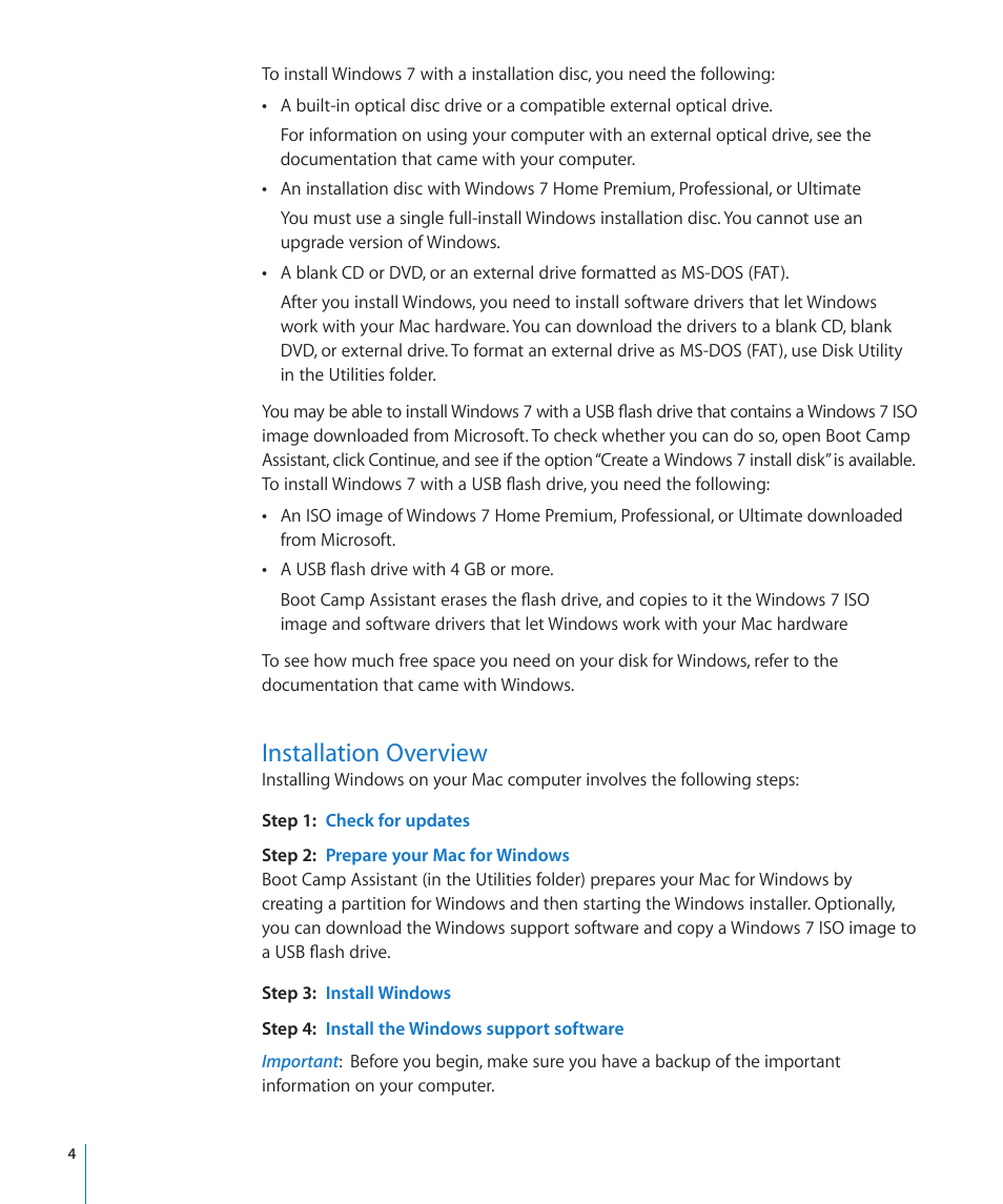 Installation overview, Step 1: check for updates, Step 2: prepare your mac for windows | Step 3: install windows, Step 4: install the windows support software | Apple Boot Camp (OS X Lion) User Manual | Page 4 / 13