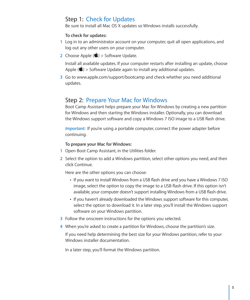 Step 1: check for updates, Step 2: prepare your mac for windows | Apple Boot Camp (OS X Lion) User Manual | Page 5 / 13