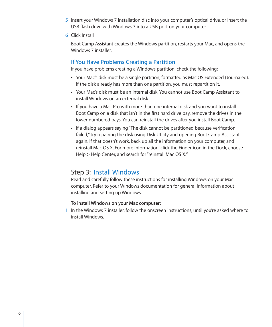 If you have problems creating a partition, Step 3: install windows | Apple Boot Camp (OS X Lion) User Manual | Page 6 / 13