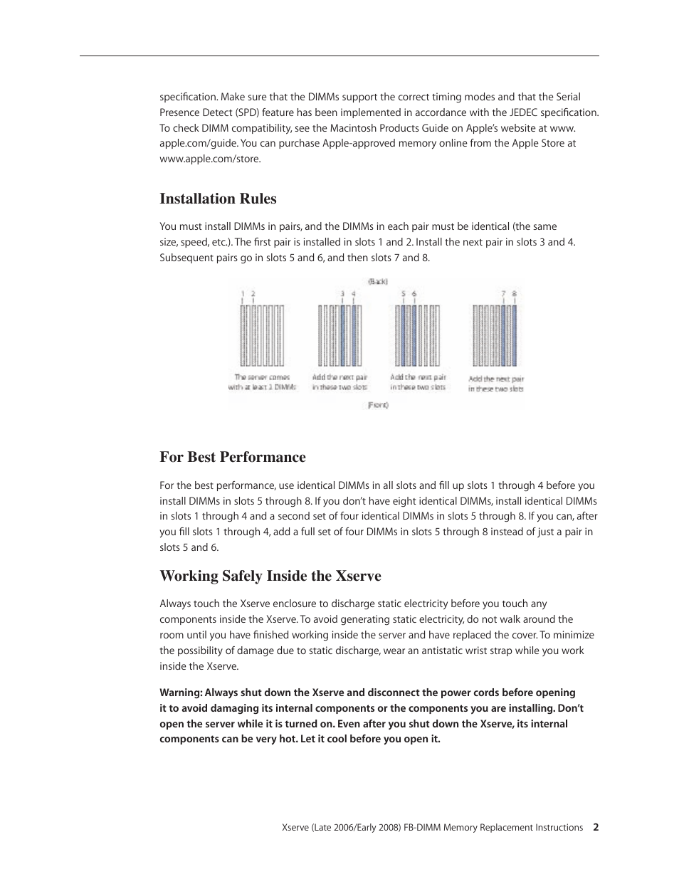 Installation rules, For best performance, Working safely inside the xserve | Apple Xserve (Early 2008) DIY Procedure for FB-DIMM Memory User Manual | Page 2 / 6
