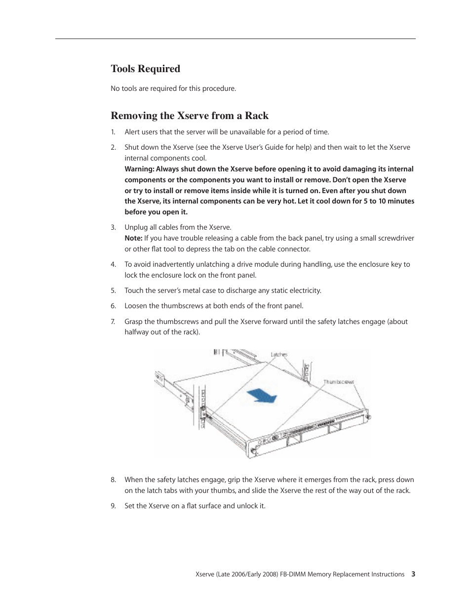 Tools required, Removing the xserve from a rack | Apple Xserve (Early 2008) DIY Procedure for FB-DIMM Memory User Manual | Page 3 / 6
