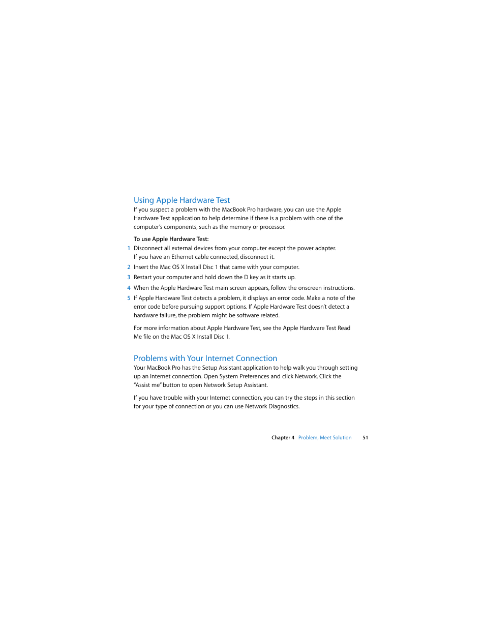 Using apple hardware test, Problems with your internet connection | Apple MacBook Pro (15-inch and 17-inch, Inel Core 2 Duo) User Manual | Page 51 / 80