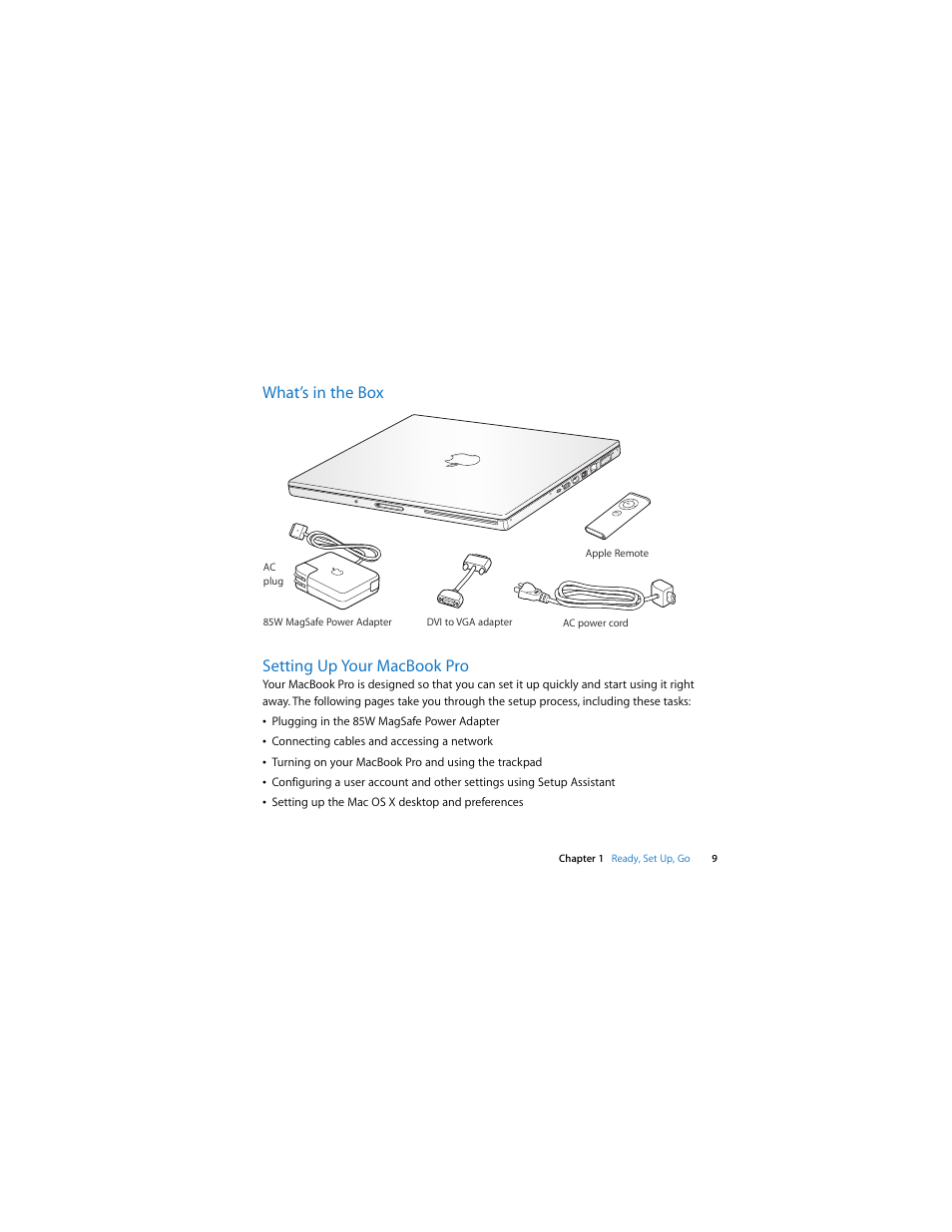 What’s in the box setting up your macbook pro | Apple MacBook Pro (15-inch and 17-inch, Inel Core 2 Duo) User Manual | Page 9 / 80