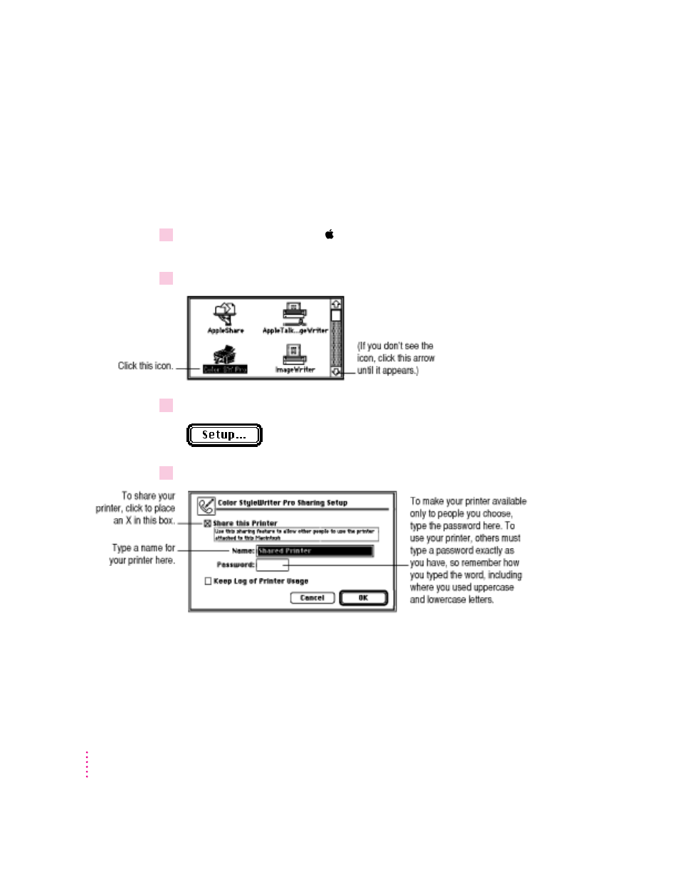 Sharing your printer with other users on a network | Apple Color StyleWriter Pro User Manual | Page 34 / 73