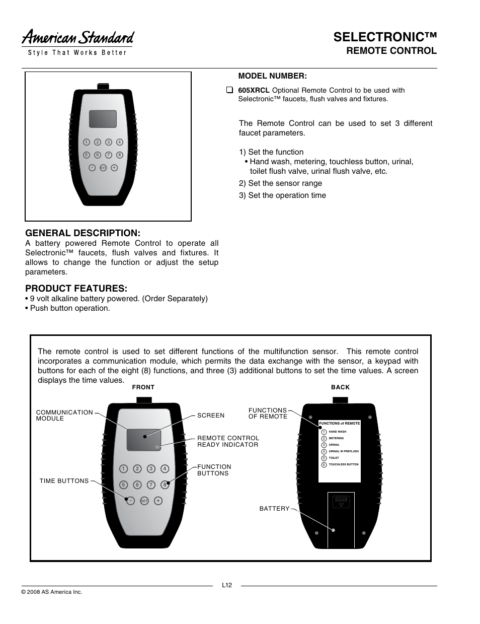 American Standard 605XRCL User Manual | 1 page