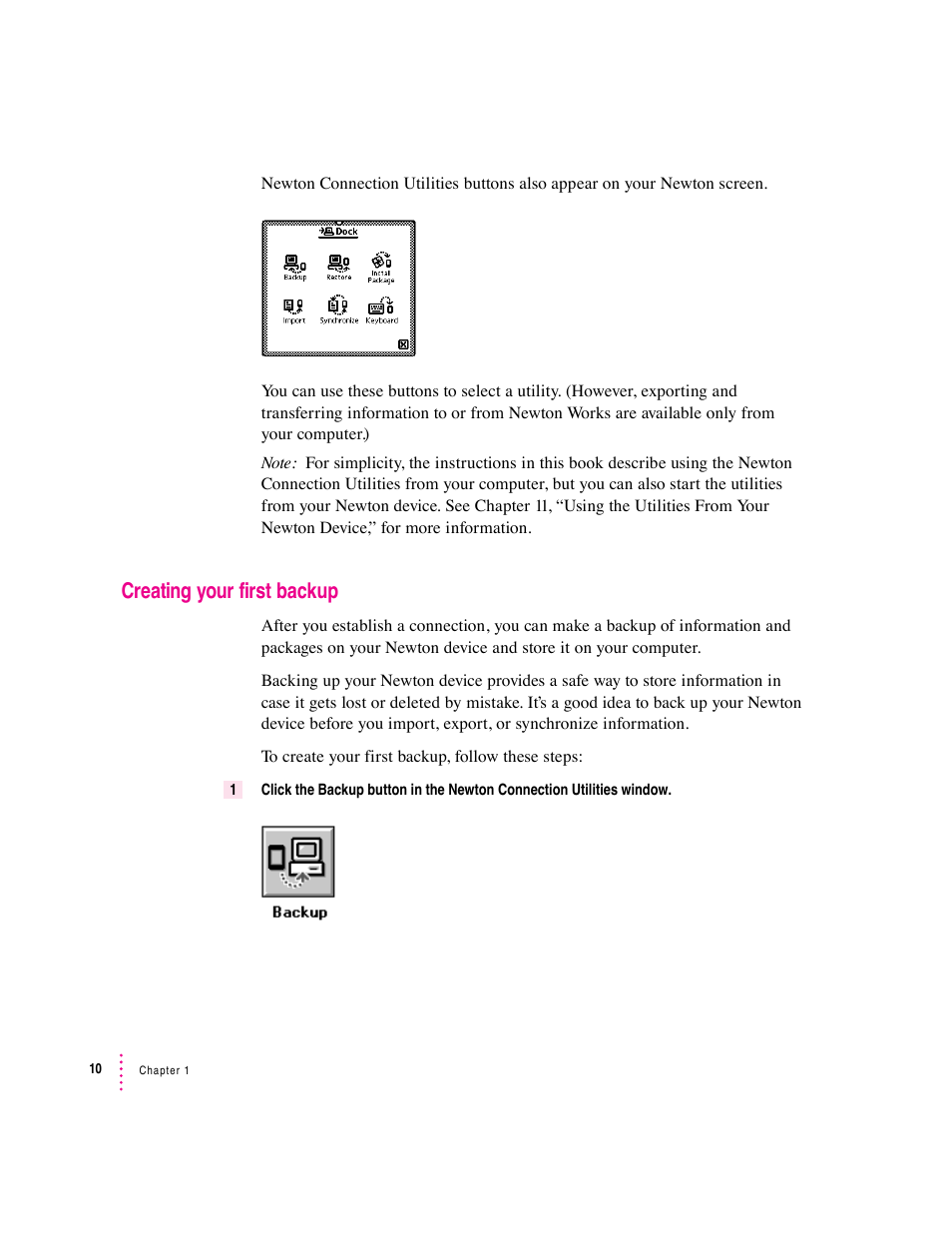 Creating your first backup | Apple Newton Connection Utilities (for Windows) User Manual | Page 10 / 108