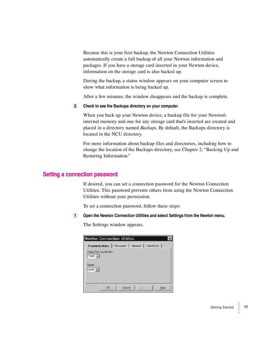 Setting a connection password | Apple Newton Connection Utilities (for Windows) User Manual | Page 11 / 108
