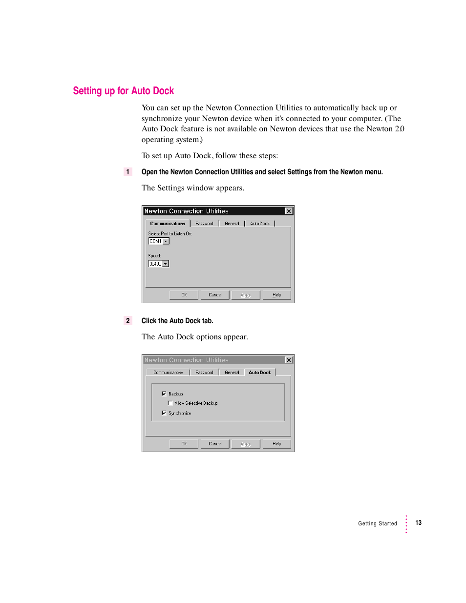Setting up for auto dock | Apple Newton Connection Utilities (for Windows) User Manual | Page 13 / 108