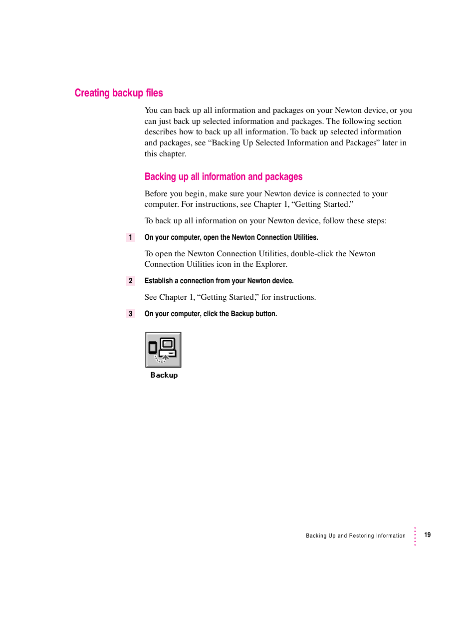 Creating backup files, Backing up all information and packages | Apple Newton Connection Utilities (for Windows) User Manual | Page 19 / 108