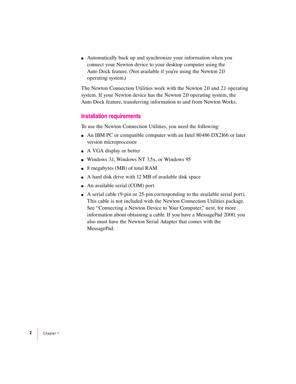 Installation requirements | Apple Newton Connection Utilities (for Windows) User Manual | Page 2 / 108