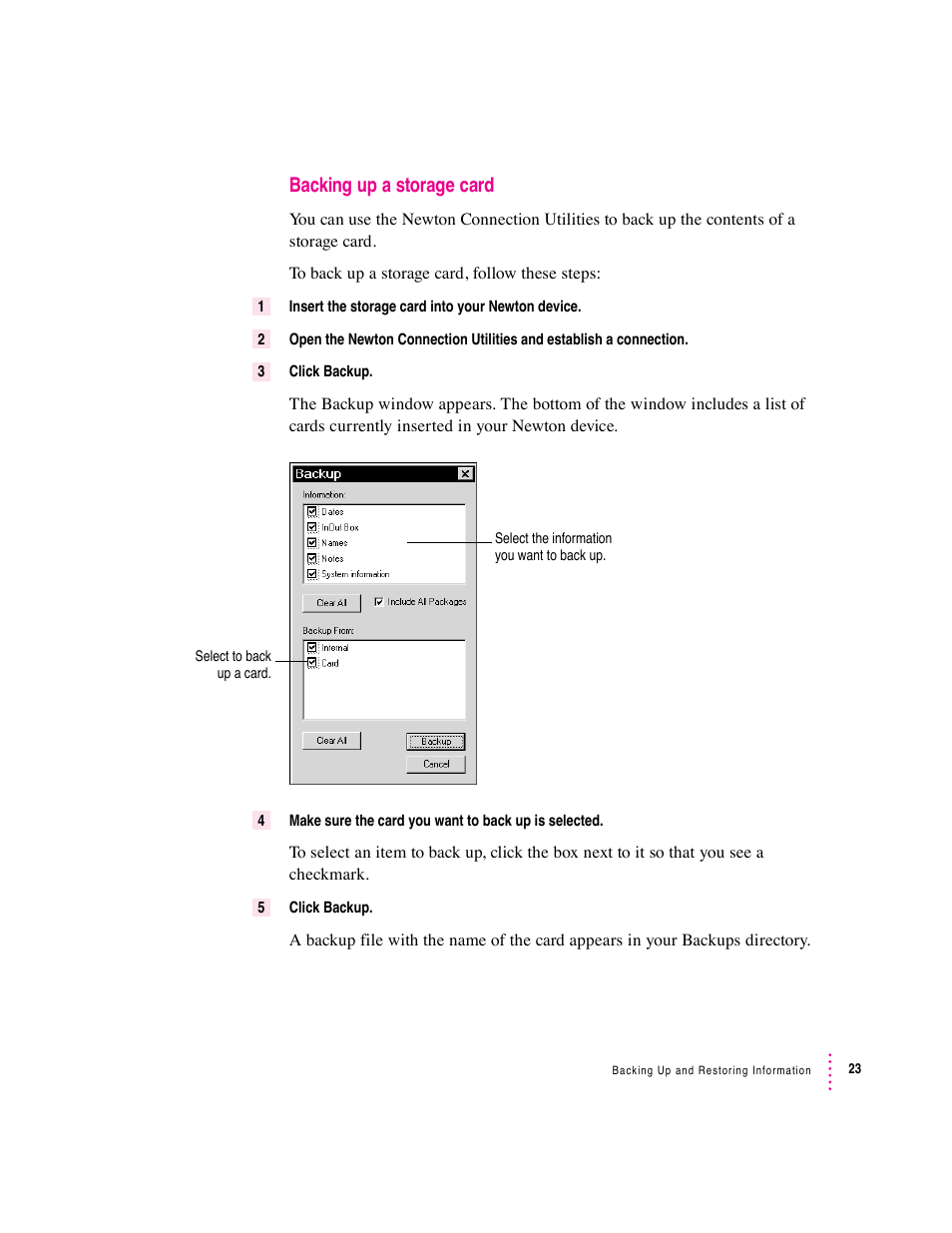 Backing up a storage card | Apple Newton Connection Utilities (for Windows) User Manual | Page 23 / 108