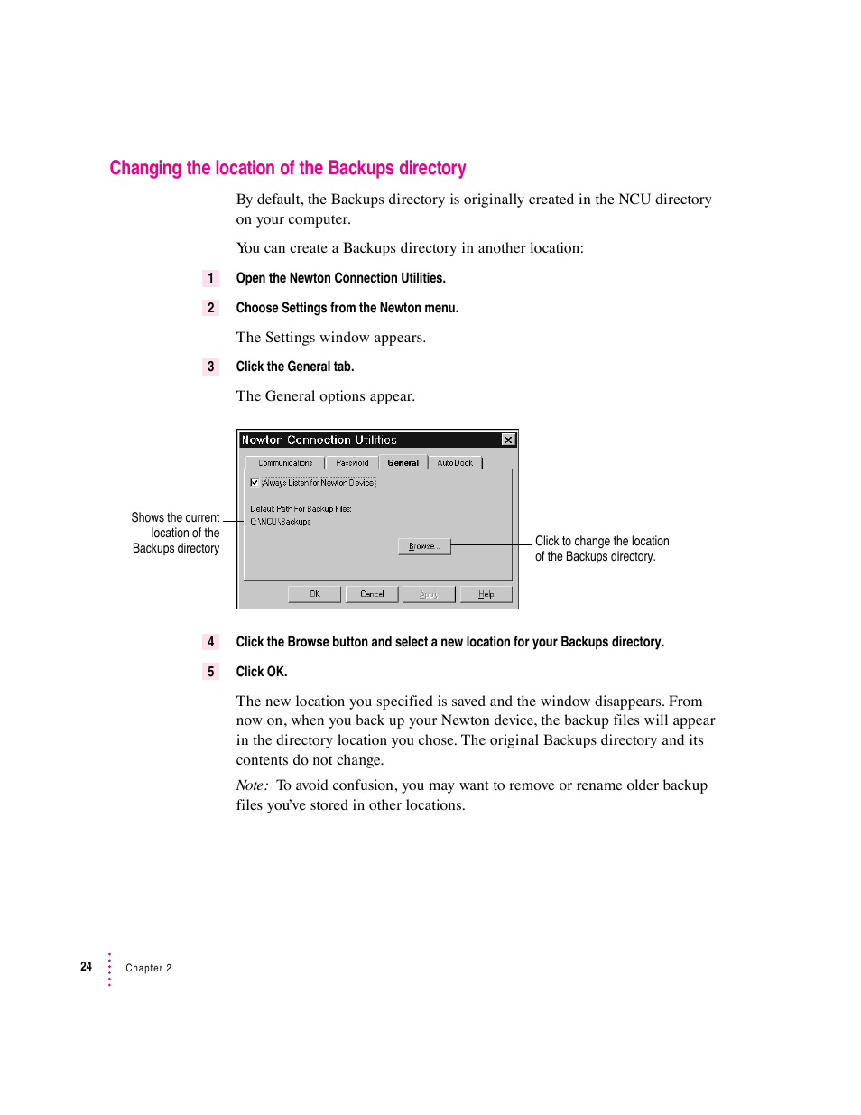 Changing the location of the backups directory | Apple Newton Connection Utilities (for Windows) User Manual | Page 24 / 108