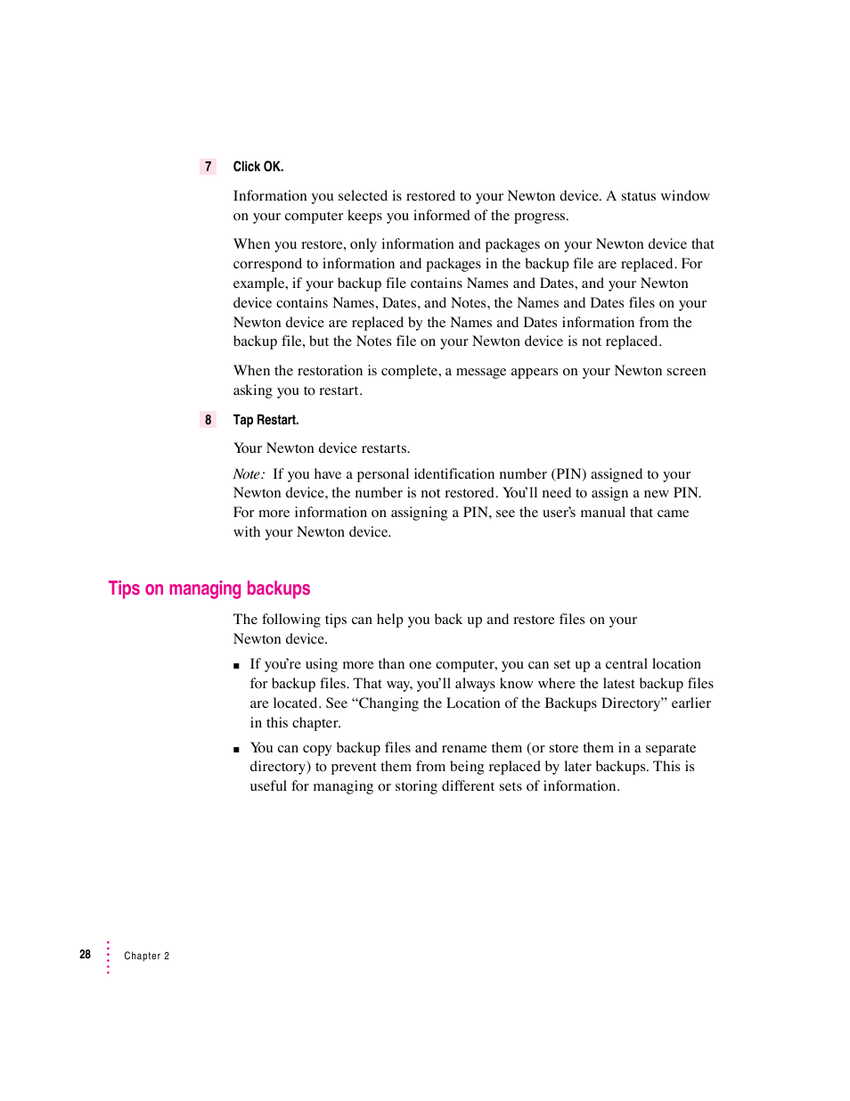 Tips on managing backups | Apple Newton Connection Utilities (for Windows) User Manual | Page 28 / 108